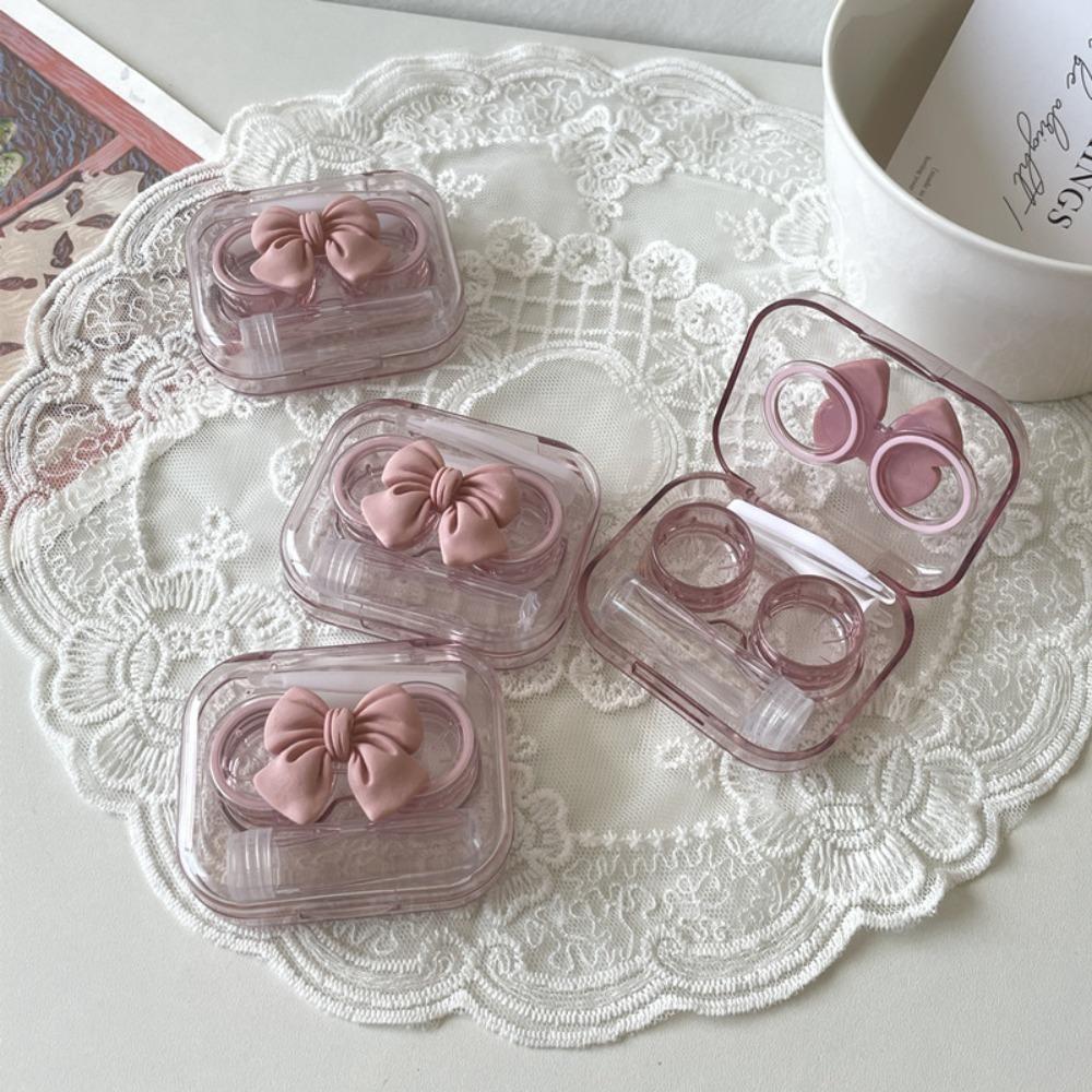Transparent Bow Lenses Case Pink Eye Care Container Box Portable Cosmetic Contact Lenses Box