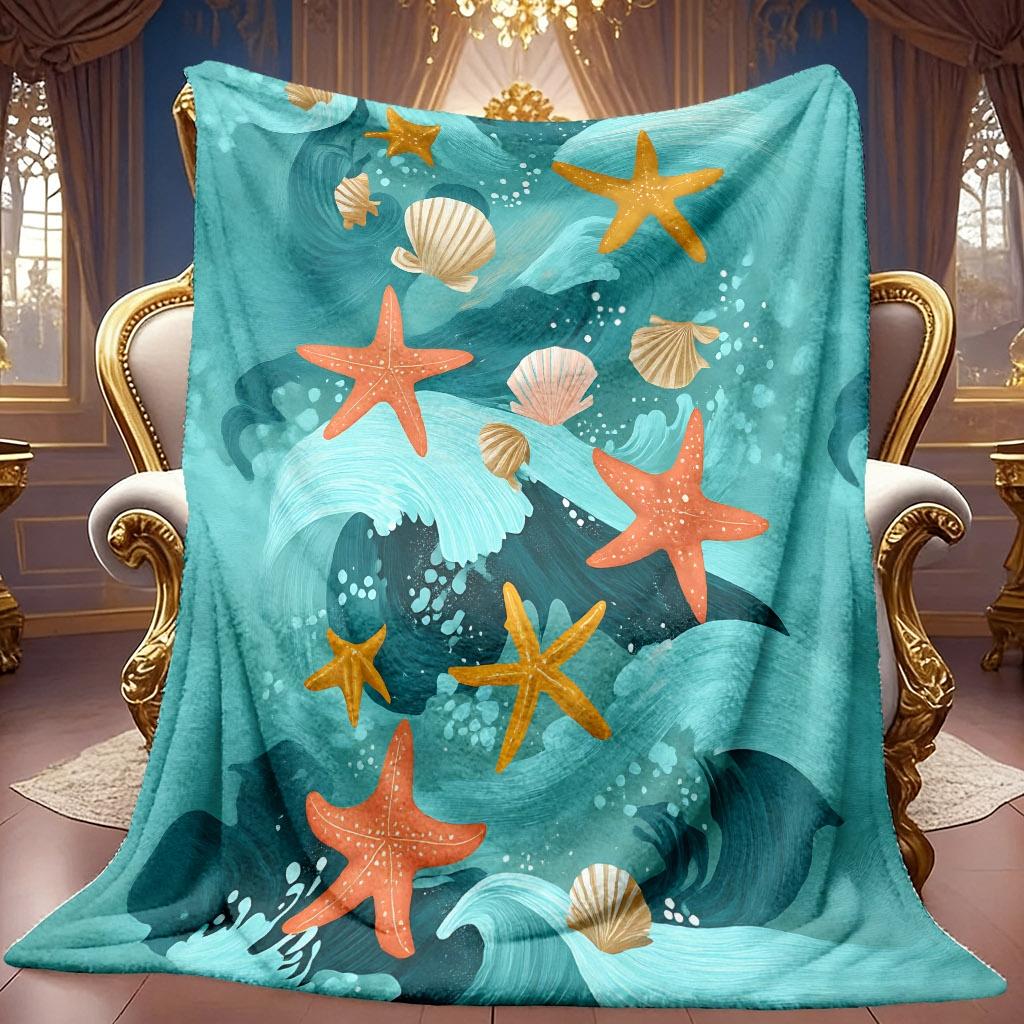 1pc 2D Ocean Starfish Shell Wave Theme Pattern Flannel Blanket, Soft HD Digital Print, Cooling Blanket All-Season Use! Soft And Breathable 100% Polyes