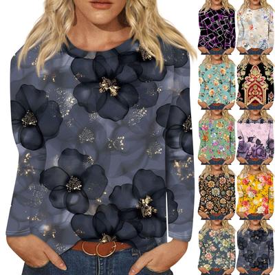 Moda feminina casual retrô estampa gola redonda manga comprida camiseta decorativa top