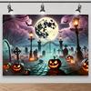 1Pcs Halloween Cemetery Moonlight Background with Glowing Pumpkin Lanterns and Terrifying Tombstones