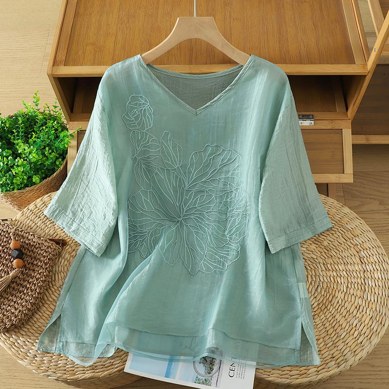DIMANAF 2026 Women Plus Size New Summer Blouse Shirt Short Sleeve Casual Loose Lady Tops Shirts Linen Embroidery