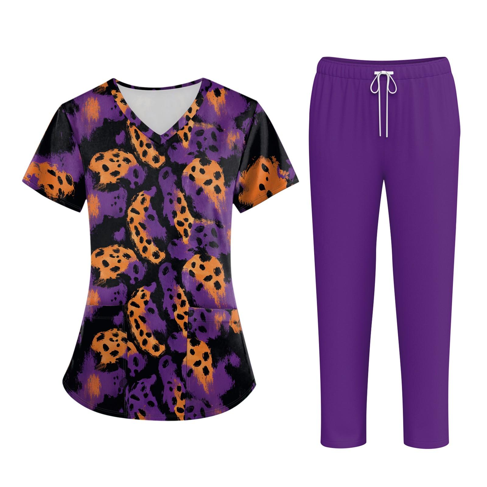 

Плюс размерСкраб с принтом Рабочая форма Топы для женщин Крест V-образным вырезом Хэллоуин Принт с короткими рукавами Забавные футболки Спецодежда Футболка с карманами XXXL фиолетовый