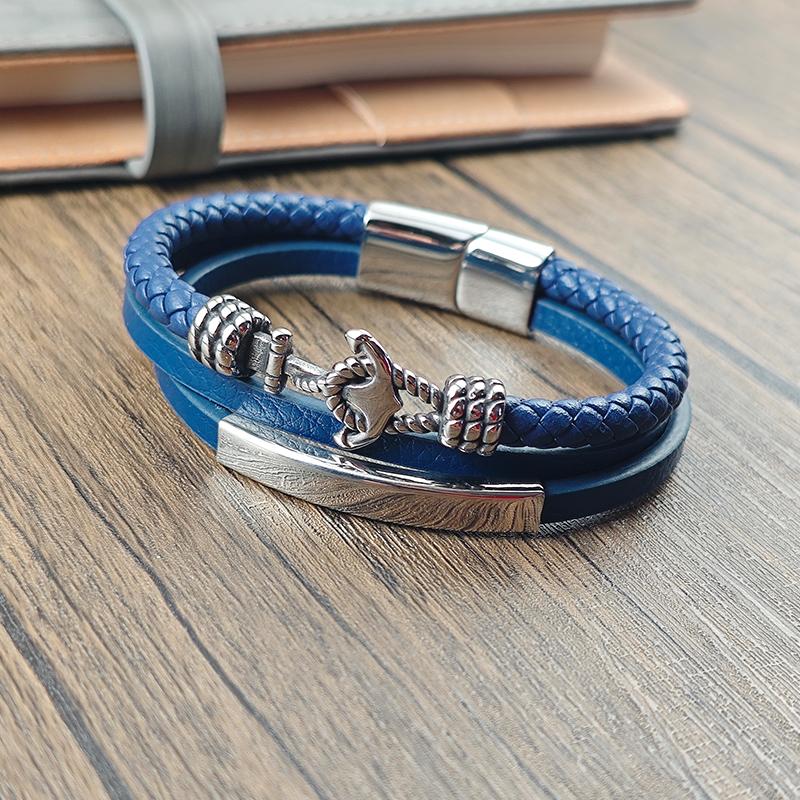 Trendy Blue Leather Anchor Chain Bracelets for Men Stainless Steel Bracelets for Male Hand-woven Jewelry Gifts Wholesale