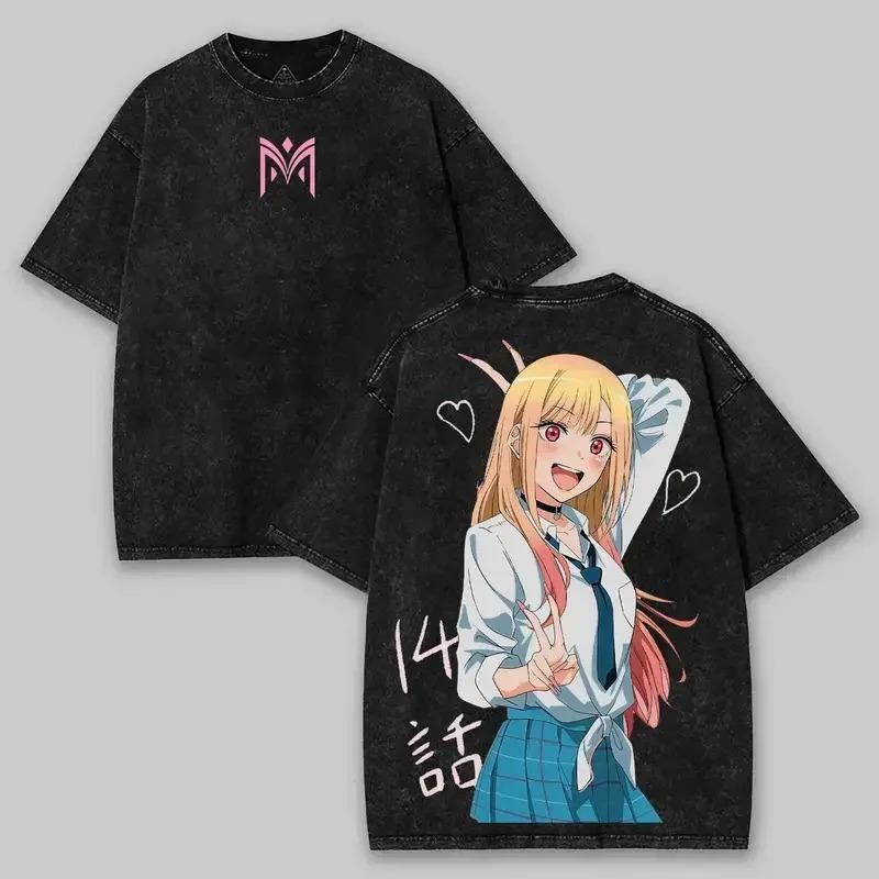 Můj šatní miláček Marin Kitagawa Čertovské Cosplay Vintage Kyselý Wash Oboustranné Grafické Oversized Černé Tričko | Anime Fan Streetwear Merch Tričko