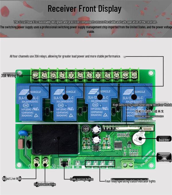 Wireless RF Remote Control Switch, 30A High Power Relay, 100V-400V, Jog, Self-Locking, Interlock.