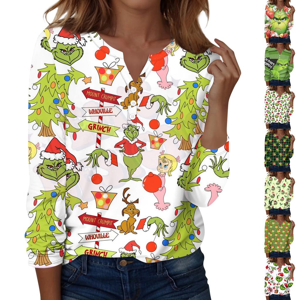 Women's Fashion Casual V-Neck Long Sleeve Decorative Button Christmas Print Top