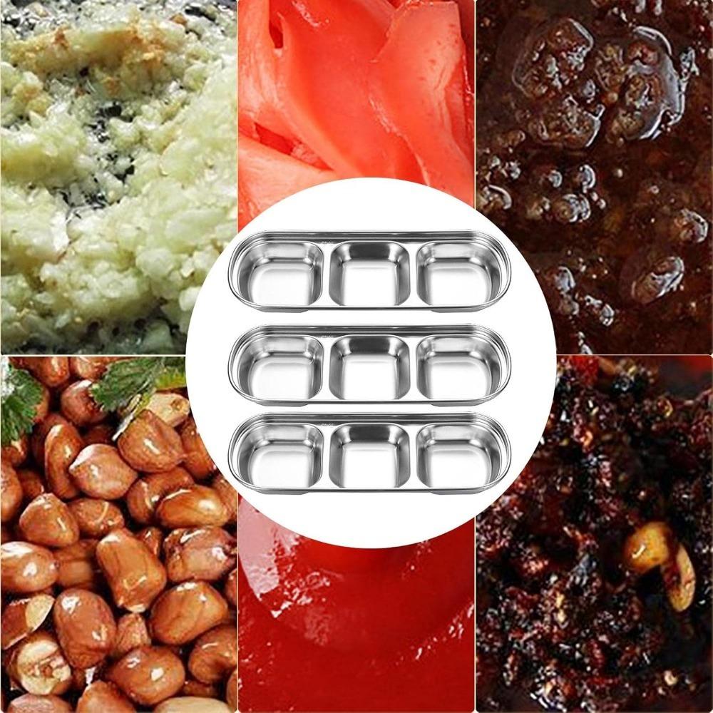 3-compartment Sauce Dish Stainless Steel Soy Tomato Sauce Salt Vinegar Sugar Spiced Flavor Condiment Dip Bowls Korean BBQ