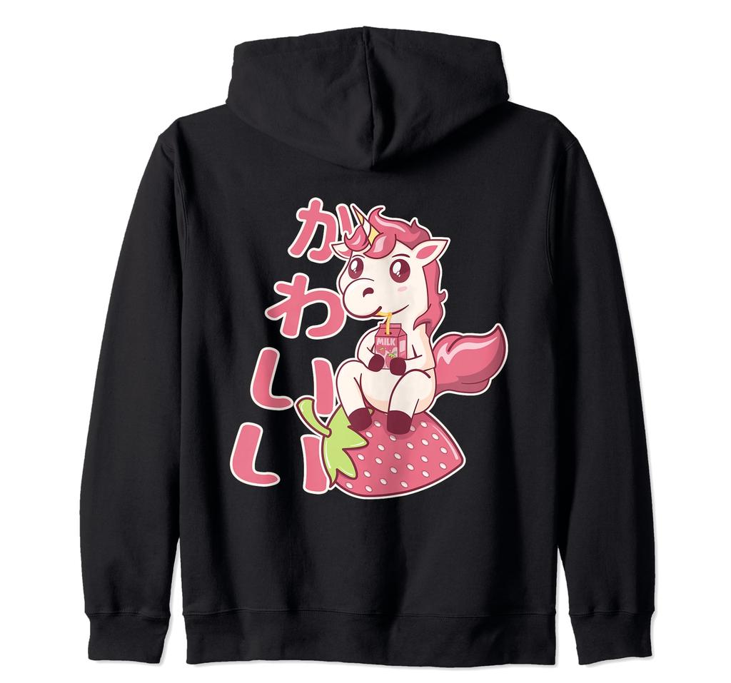 Kawaii Chibi Enhörning Jordgubbsmjölk Dragkedja Huvtröja
