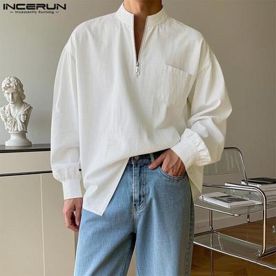 Men Stand Collar Zip-up Long Sleeve Solid Color Casual Loose Shirts