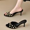 2025 Sommer Damen High Heel Hausschuhe Dünne Absätze Ein Tritt Nieten Kleid Sandalen Outdoor Mode Offene Zehen Stiletto Schuhe Mujer