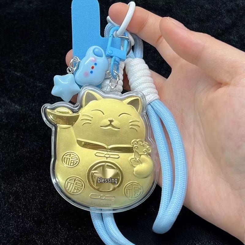 Shuibei 999 Fine Gold Lucky Cat Wealth Ingot Mobile Phone Lanyard & Bag Pendant