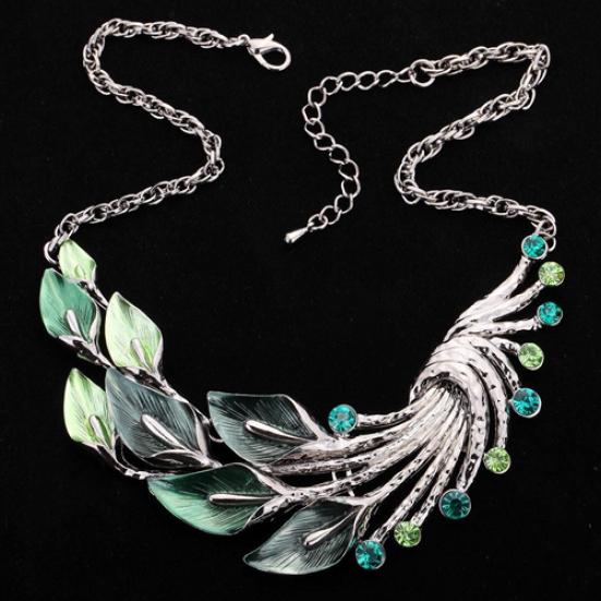 Retro Tibetan Leaf Peacock Crystal Rhinestone Drop Earrings Short Necklace Set