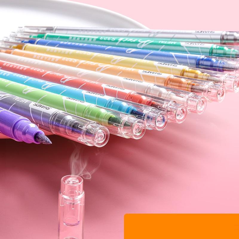 12pcs Metal Ink Brush Pens Set Double Ended Metallic Color Drawing Art Marker Liner Hand Lettering Calligraphy Painting
