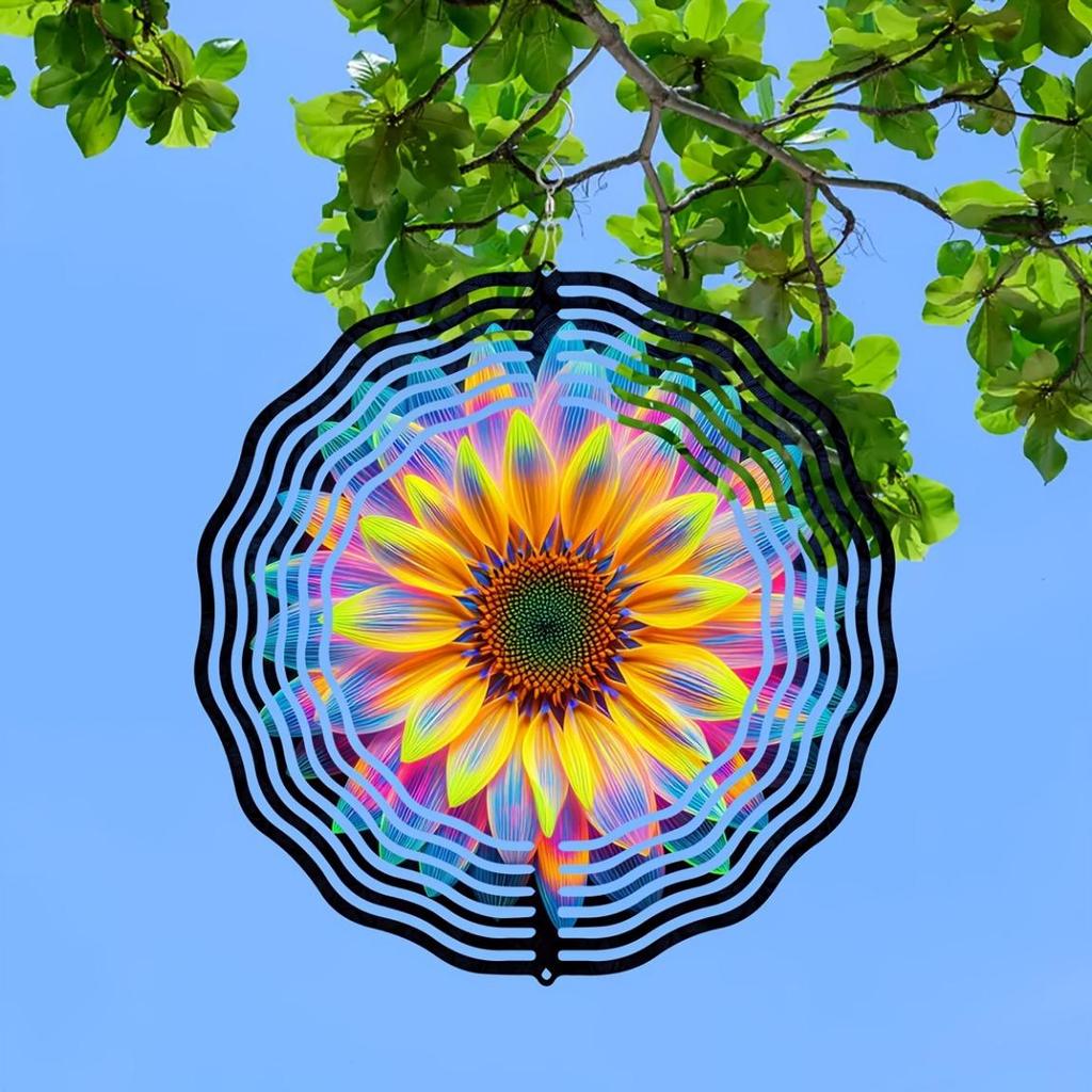 10 Inch Neon Flower Wind Spinner 2D Kinetic Metal Hanging Decor for Garden Yard Outdoor Indoor Dynamic Art Sculpture Gift for Women Men Mom Dad
