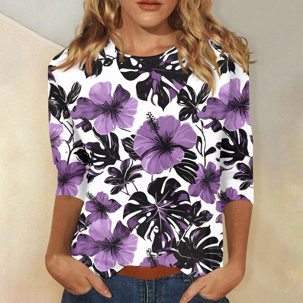 Women's Fashion Casual Round Neck 3/4 Sleeve Printed T-Shirt Ladies Top