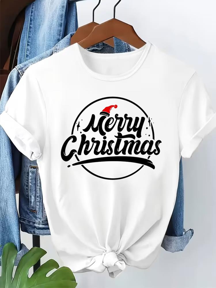 (Asian Size) lovely letter cute Short Sleeve T-shirts Merry Christmas Fashion Women's Top O-neck T Shirt Print Casual New Year Clothing Graphic Tee