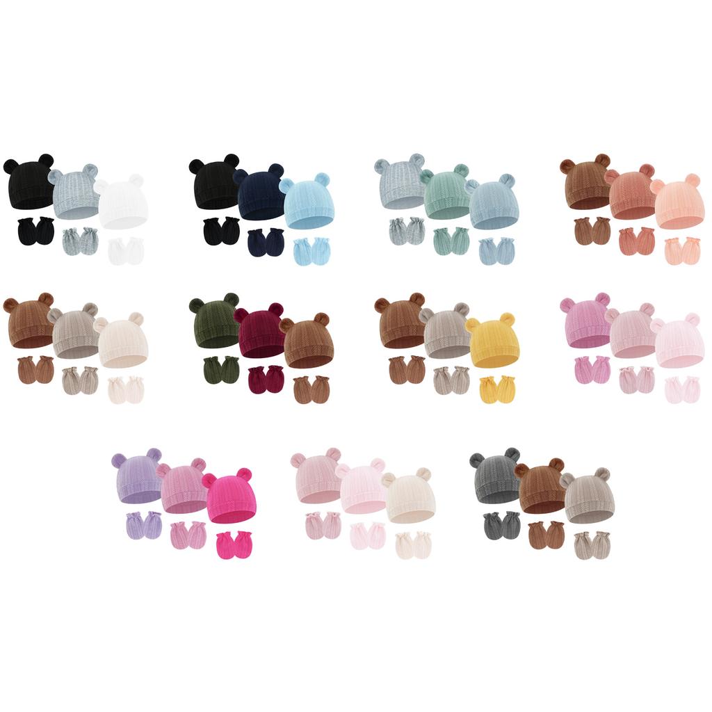 Baby Boy Girl Gloves Hat Knitted Soft No Scratch Mittens Breathable Cotton Blend Bear Ear Cap Gloves for Infant
