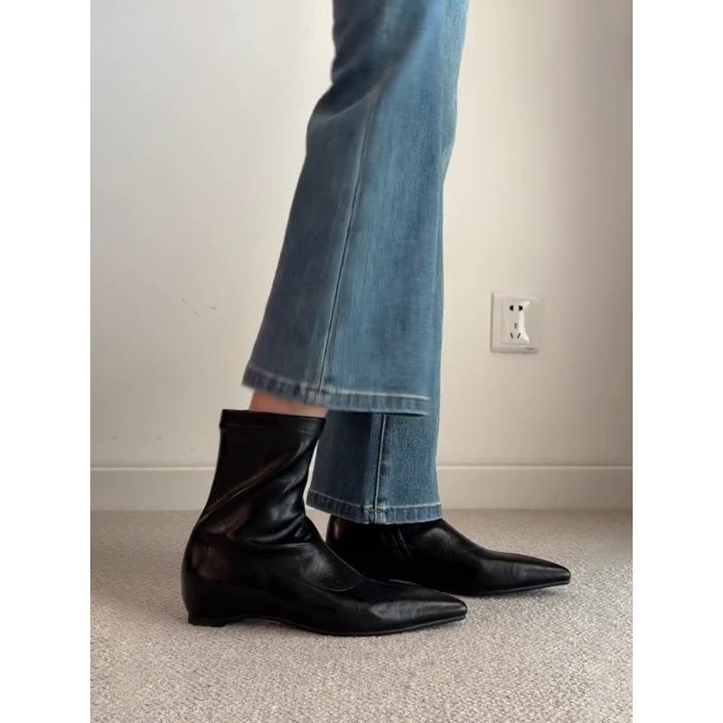 Sheepskin Version~ Pointed Simple Inner Height Increase Short Boots Retro Thin Boots Femininity Side Zipper Thin Elastic Boots