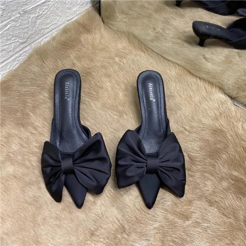 Fashion 2025 Viral Pointed Thin Heel Bow Knot Backless Slip-On Mule Slippers Women Block Heels Lazy Half Slides