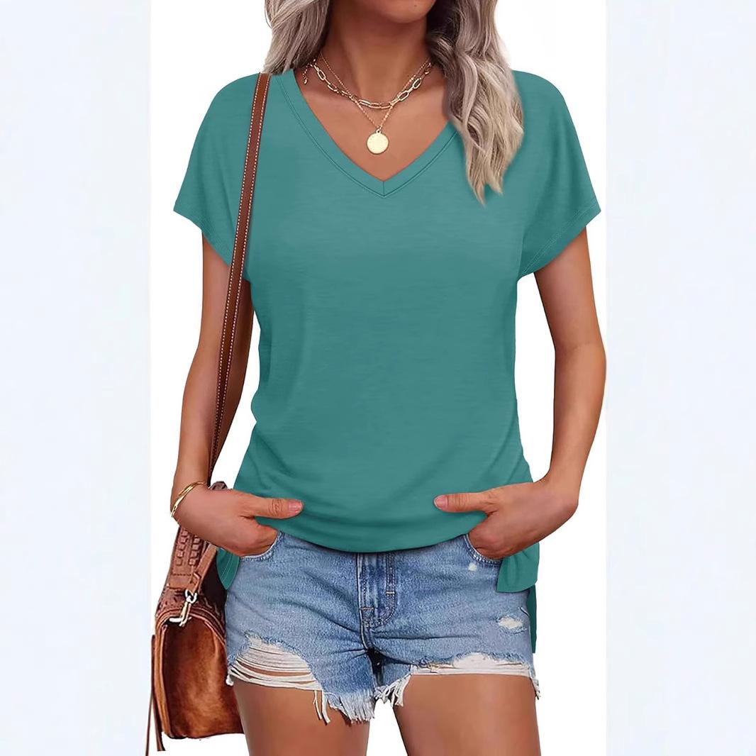 

2025 Европа и Соединенные Штаты Новые женские топы с V-образным вырезом и рукавами-крылышками, повседневные, летняя мода, модели, футболка 2XL зелёный