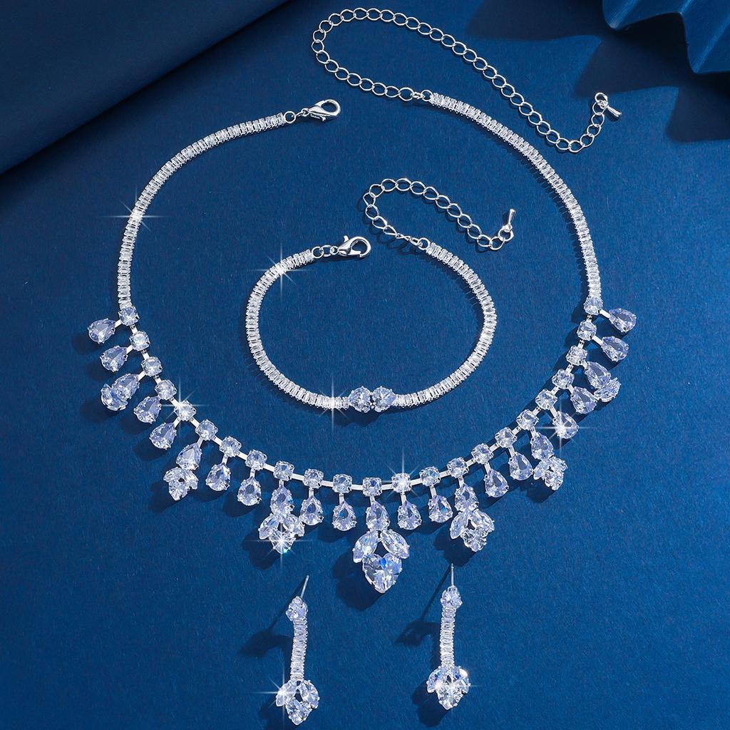 4PC Women's Fashion Set Water Drop Necklace Earrings Bracelet Zircon Set Suitable for Wedding, Party, Festival Gifts-8508