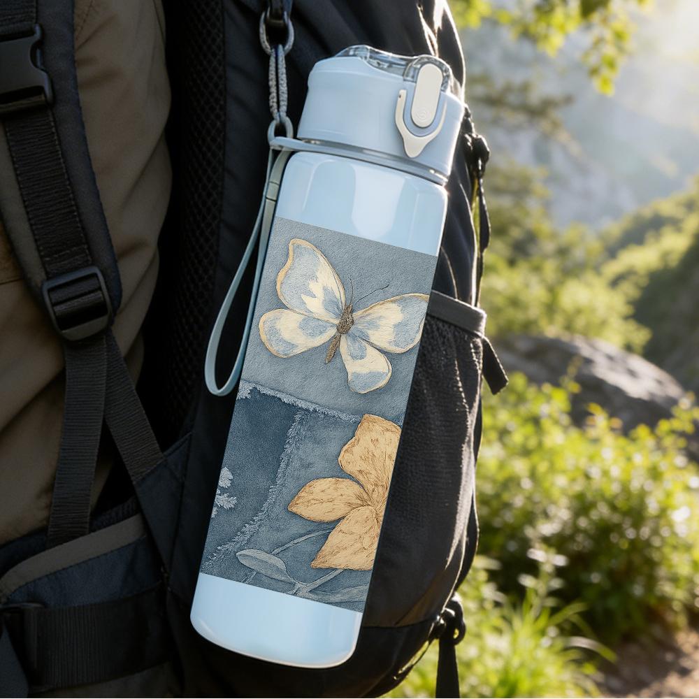 1PC Blue Floral Butterfly Group 750ml Color Plastic Sports Water Bottle Leakproof Flip Straw Lid For Sports Office Home Use