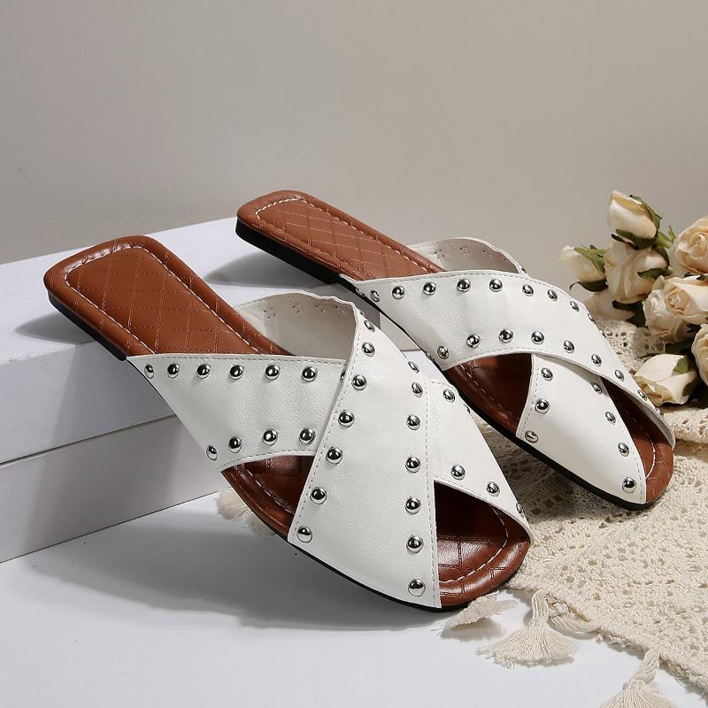 Fashion 2025 New Ladies Shoes Open Toe Women's Slippers Fashion Outdoor Rivet Daily Summer Plus Size Concise Comfortable Flat Slippers