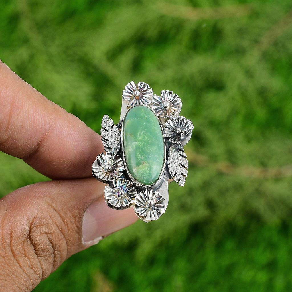 Natural Chrysoprase 925 Silver Stackable Flower Adjustable Ring For Women