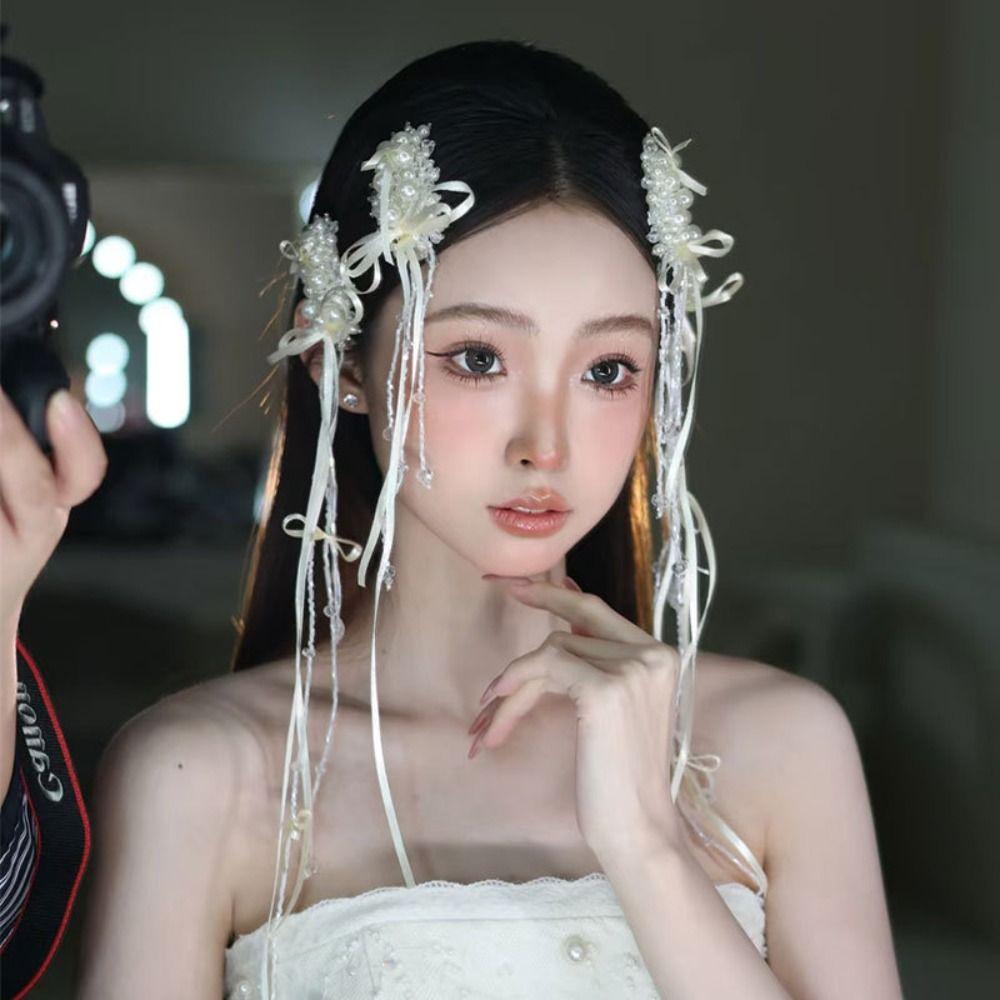 1 Pair White Bridal Hair Clip Pearl Beads Wedding Headdress Bride Hairpin  Wedding Accessories