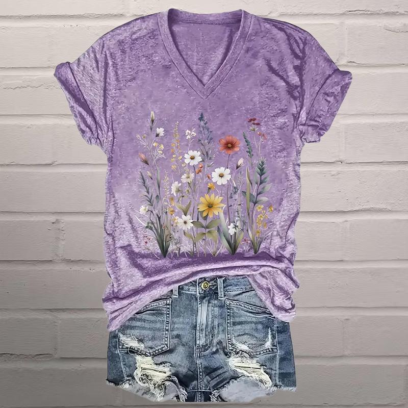 

Красивые блузки с рисунком в виде маленьких цветочков, футболки с коротким рукавом и V-образным вырезом, повседневные 8XL