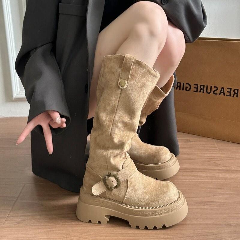 Retro Maillard suede boots women's new autumn western cowboy boots thick-soled heightened and thin boots