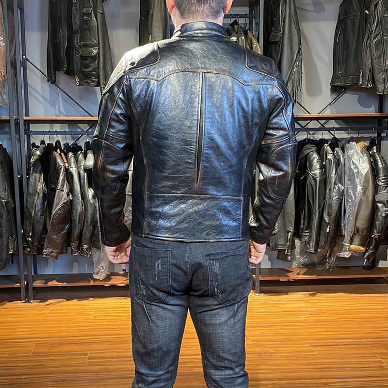 Chaqueta de moto de cuero caqui para hombre - Estilo Venom, cuello alto, piel de vaca