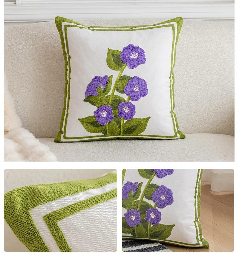 Cotton Canvas Floral Embroidery Cushion Cover American Countryside Outdoor Pillow Covers Decorative Living Room Throw Pillowcase