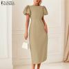ZANZEA Women Summer Round Neck Puff Short Sleeve Casual Dress