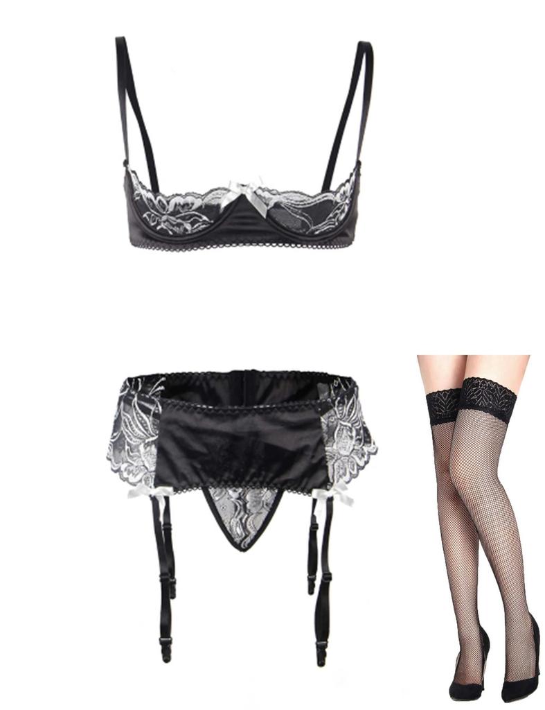 Sexy Large Size Lingerie Open Bra Garter Belt Shorts All 3 Piece Set Underwear [comeondear]