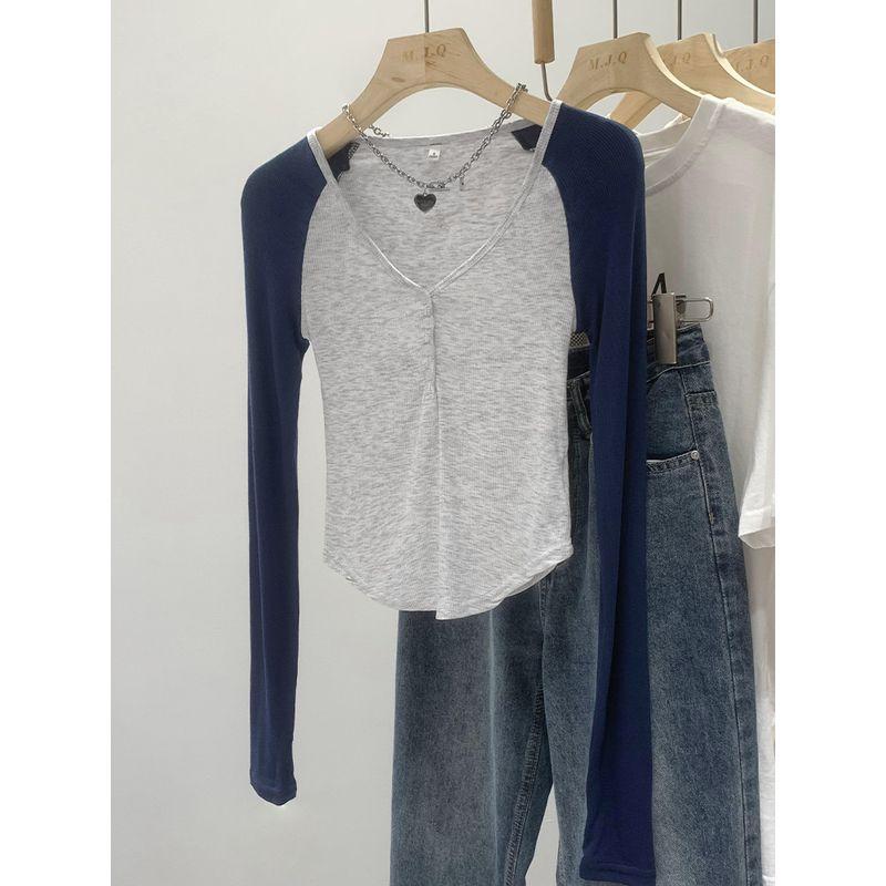 

Fashion Sexy Style Contrast Color V-neck Sun Protection Long Sleeve T-shirt Women s Summer Breasted Raglan Sleeve Silm Yoga Workout Top Curry color S