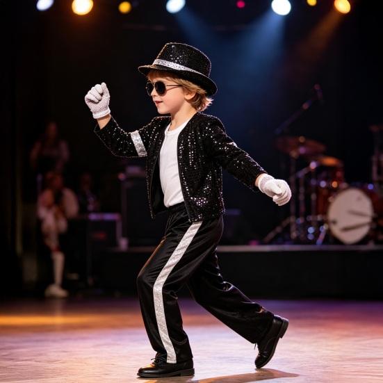 Kids 80s 90s Performance Costume, Black Sequin Jacket, Top, Trousers, Hat, Glasses, Gloves, 7 Piece Dance Party Outfits for Halloween, Stage
