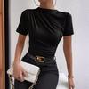 Ladies Summer Short Sleeve High Collar Solid Color Slim Fit Bodycon Pullover Casual Pleated T Shirt Top