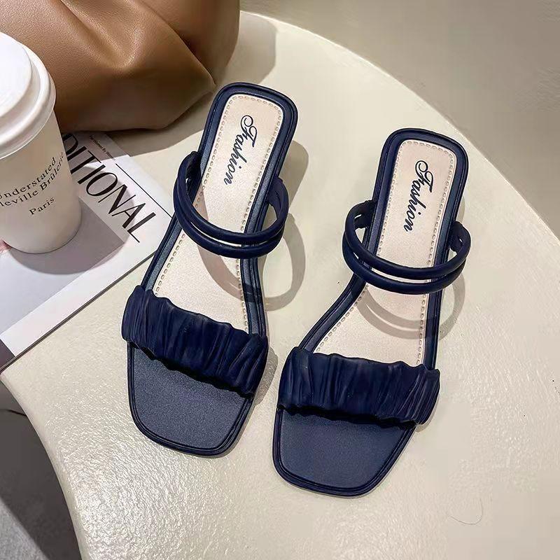 

Женские босоножки на толстом каблуке, летние туфли карамельного цвета с плиссированным верхом и квадратным носком 40-41 250mm синий