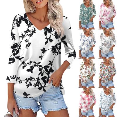 Women's Fashion Casual V Neck 3/4 Sleeve Loose Printed T-Shirt Ladies Top