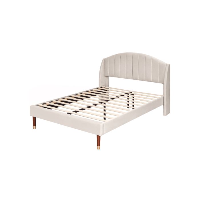 Bett - MUVOE - 140x190 cm - Velours beige - Lattenrost - Gepolstertes Kopfteil