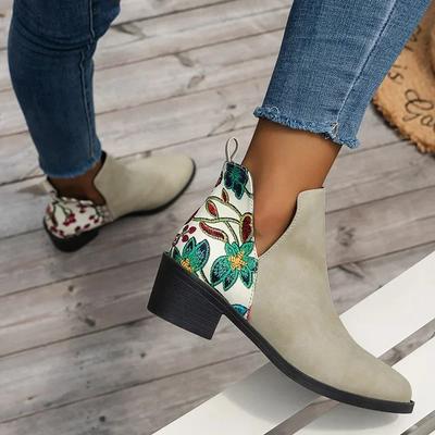 Retro Mid Heels Spitzschuh Lässige Stiefeletten Herbst Blumengemusterte Patchwork Stiefel Botas Mujer Booties Feminina Damenschuhe