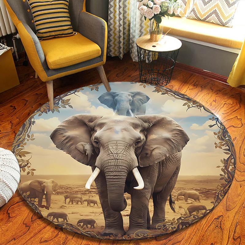 Elephant Lion Round Area Rug,Carpet Rug for Living Room Bedroom Sofa Playroom Decor,Non-slip Floor Mat