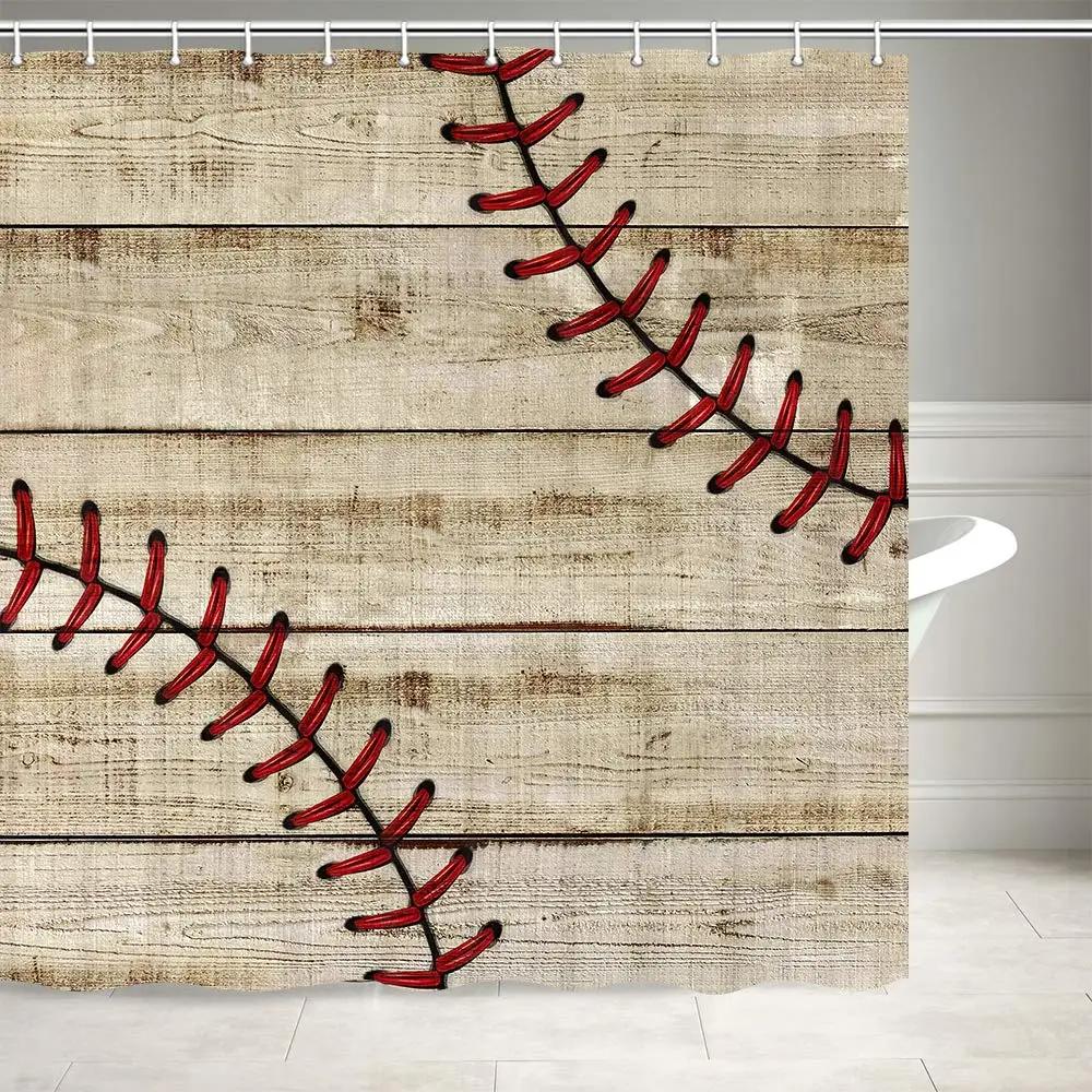 Baseball Shower Curtain Baseball Glove Sports Theme Polyester Fabric Bathtub Screen Home Decor Bathroom Curtains Set with Hooks