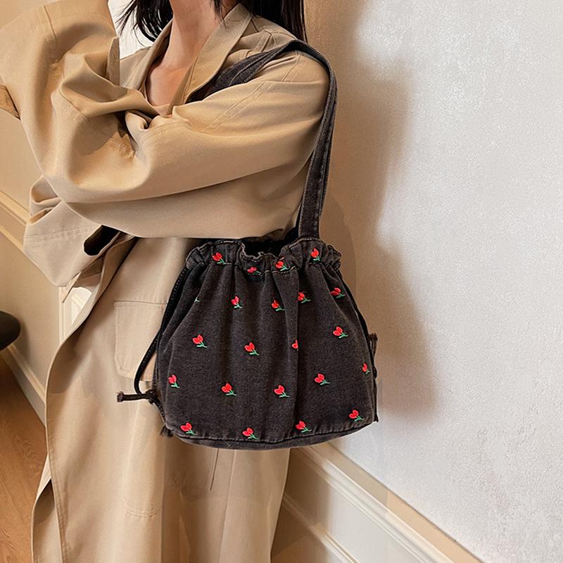 Lässige florale Bucket Bag Trendige Umhängetasche mit großer Kapazität Tragetasche Jeanshandtasche Damen Tragbare Einkaufstaschen