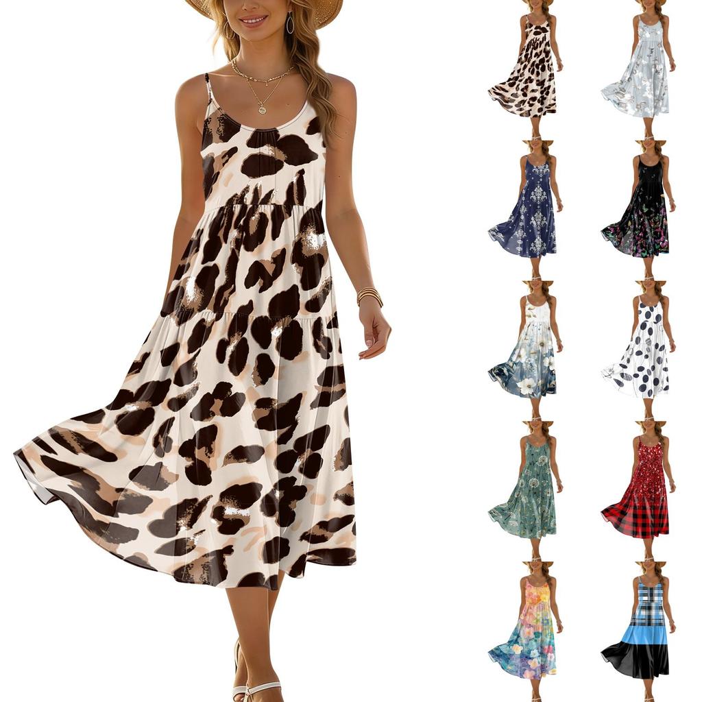 Ärmelloses Midi-Kleid mit Spaghettiträgern und Animal-Print für Damen Locker geschnittenes Sommer-Freizeitkleid für den täglichen Gebrauch