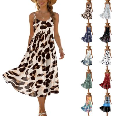 Women's Summer Fashion Printed Pocket Adjustable Shoulder Strap Bohemian Leisure Beach Resort Strap Dress