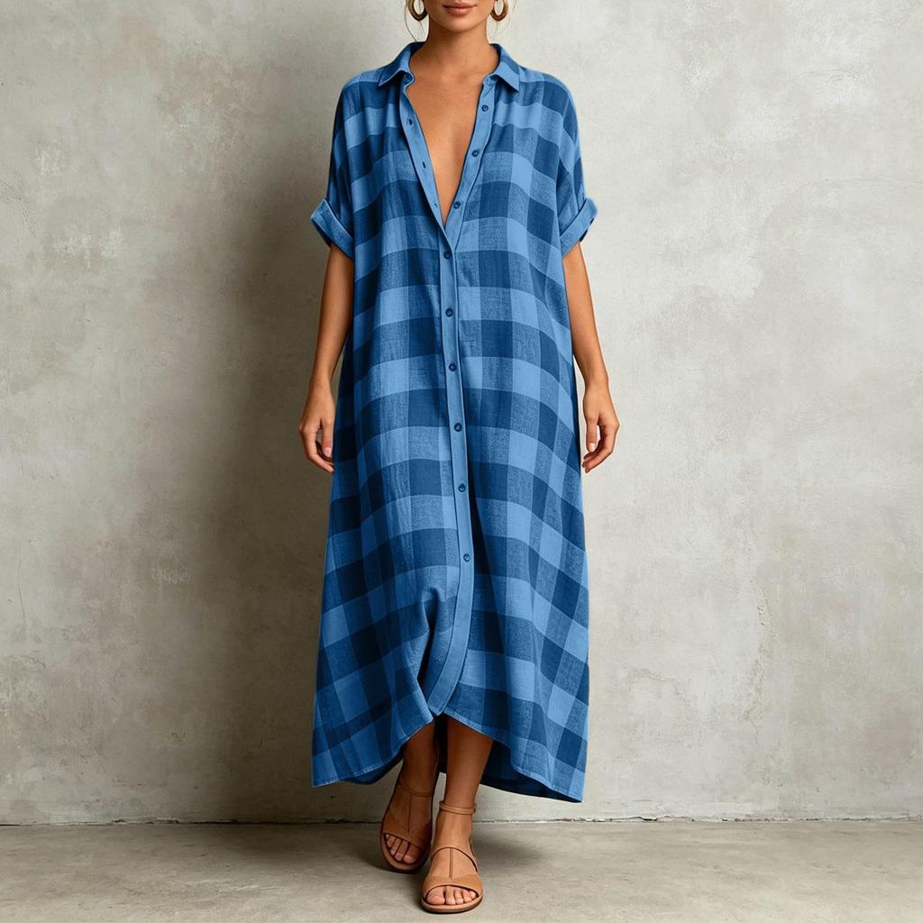 Women's Casual Plaid Short Sleeve Maxi Dress with Lapel for Vacation Beach Wear