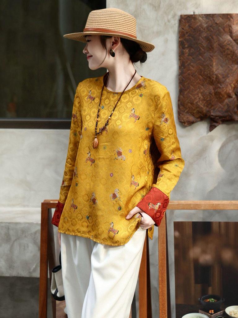 Golden Saddle Jacquard Silk Xiangyun Women's Round Neck Shirt - Spring 2026 Chinese Style Top