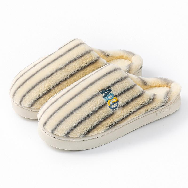 Cotton Slippers Women's Autumn and Winter Indoor Home Non-slip Thick Bottom Couple Style Velvet Warm Color Striped Cotton Drag Men